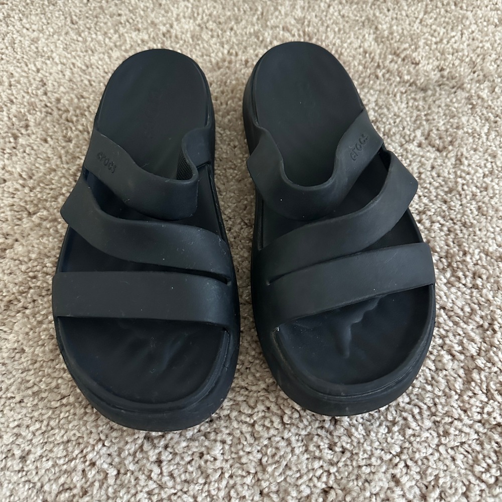 Crocs Triple Strap Slide Sandals Women 8 Black Platform Lightweight Comfort